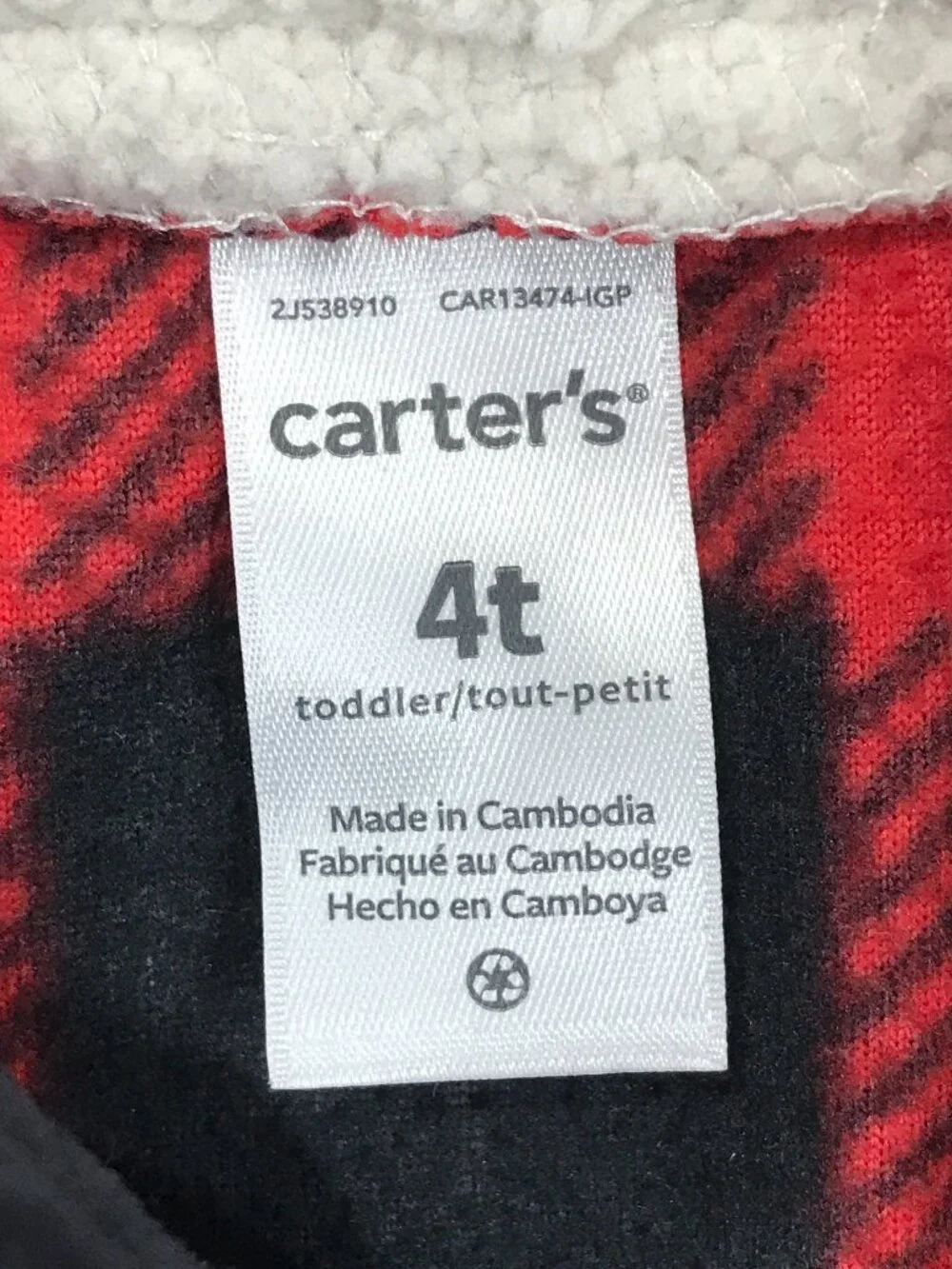 Carter's Sweater Boys 4T Red Black Buffalo Plaid Logo Fleece Pullover Button LS